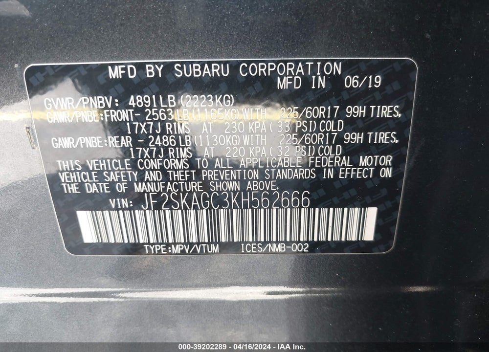 2019 SUBARU FORESTER PREMIUM VIN: JF2SKAGC3KH562666