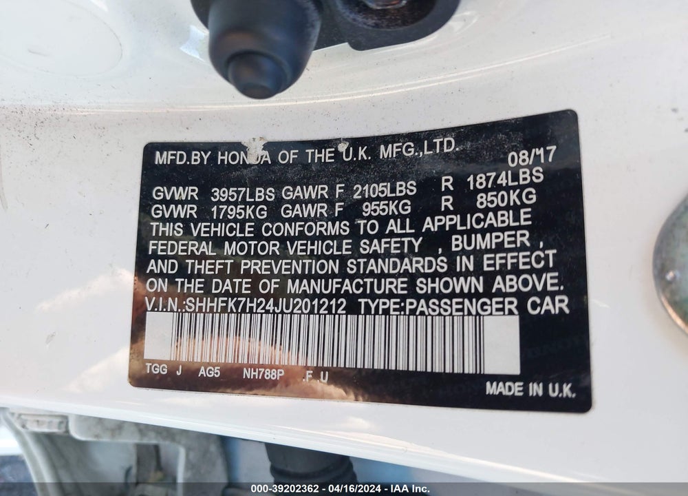 2018 HONDA CIVIC LX VIN: SHHFK7H24JU201212