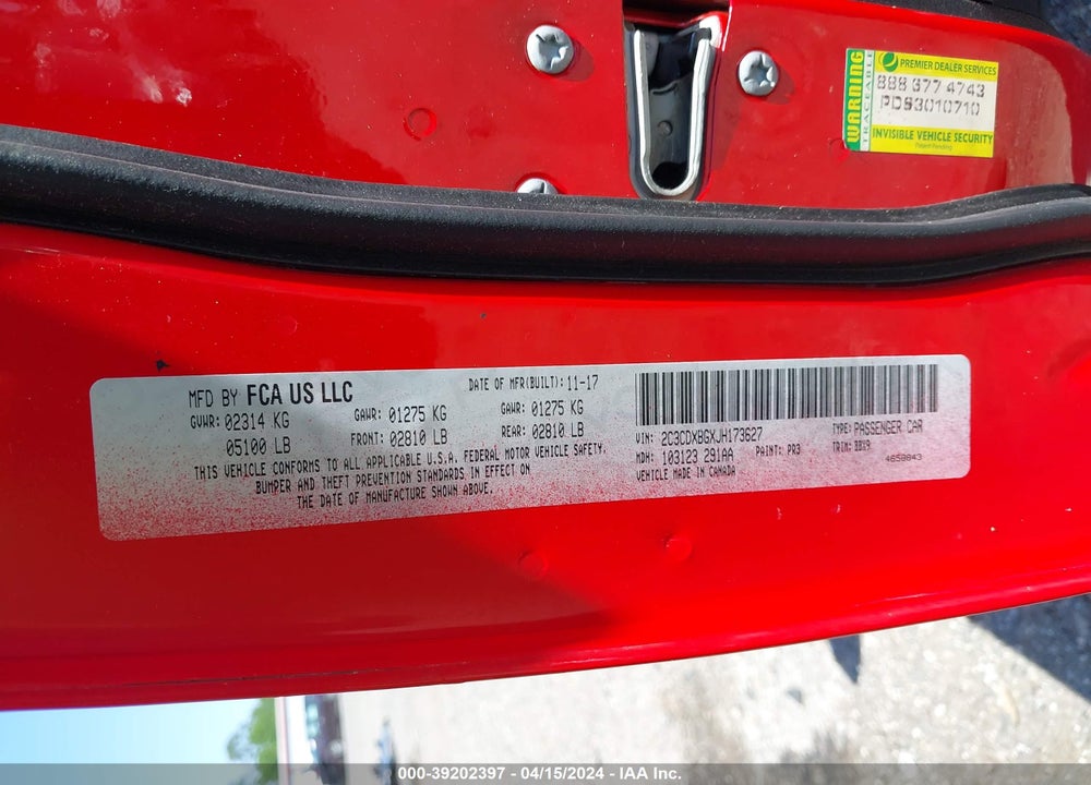2018 DODGE CHARGER SXT RWD VIN: 2C3CDXBGXJH173627