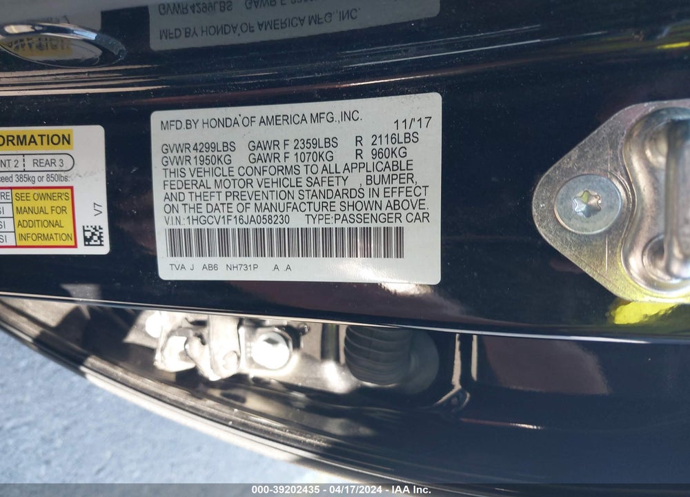 2018 HONDA ACCORD LX VIN: 1HGCV1F16JA058230