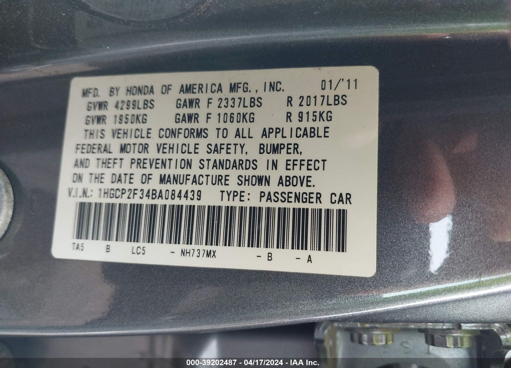 2011 HONDA ACCORD 2.4 LX VIN: 1HGCP2F34BA084439