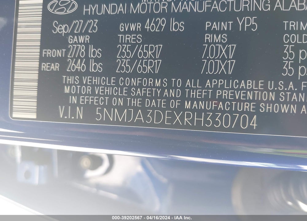 2024 HYUNDAI TUCSON SE VIN: 5NMJA3DEXRH330704