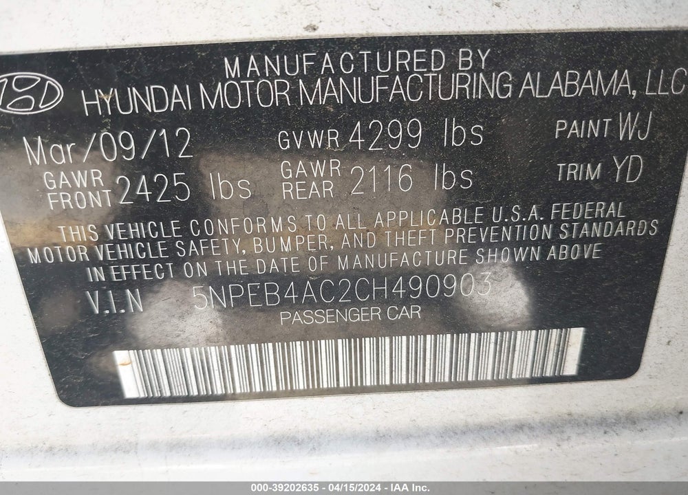 2012 HYUNDAI SONATA GLS VIN: 5NPEB4AC2CH490903