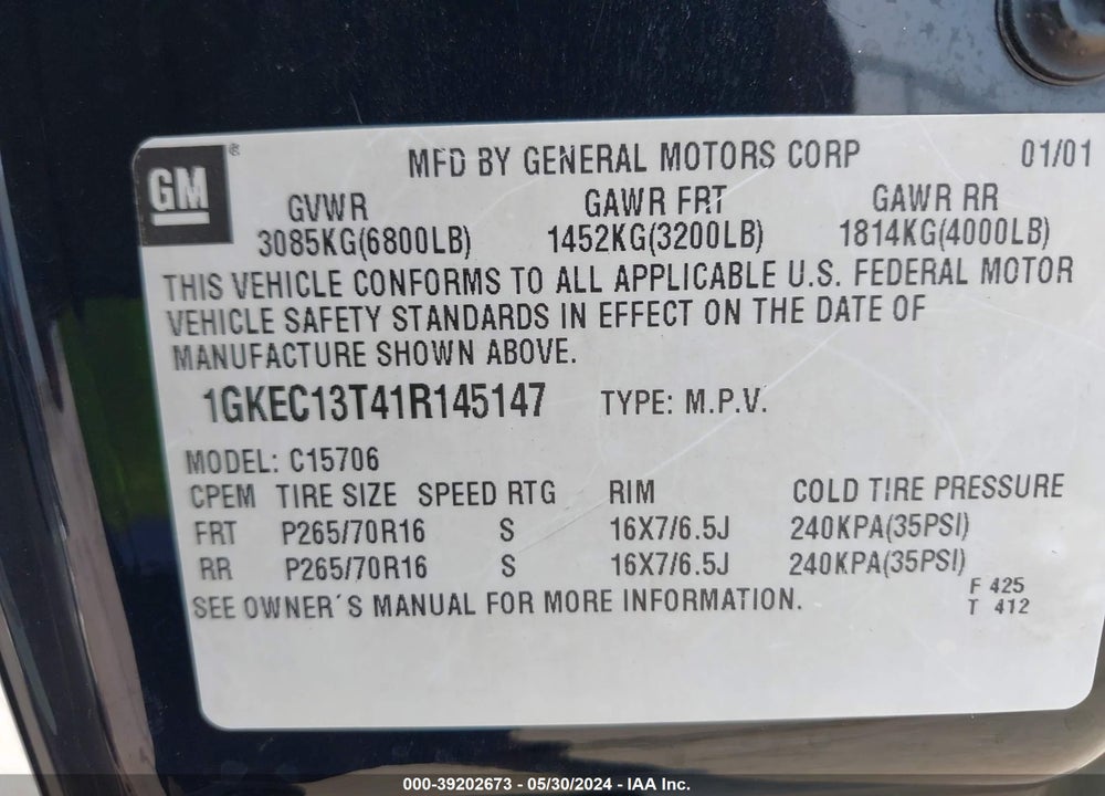 2001 GMC YUKON SLT VIN: 1GKEC13T41R145147