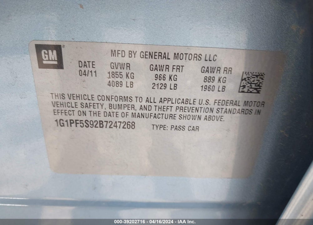 2011 CHEVROLET CRUZE 1LT VIN: 1G1PF5S92B7247268