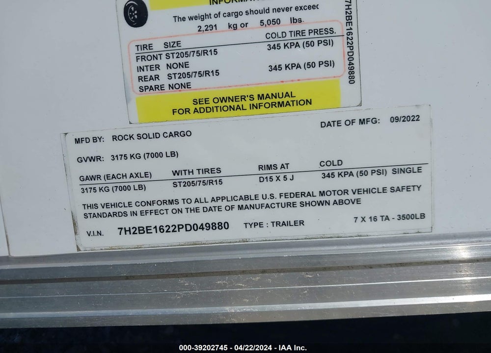 2022 ROCK SOLID CARGO 7X16TA VIN: 7H2BE1622PD049880