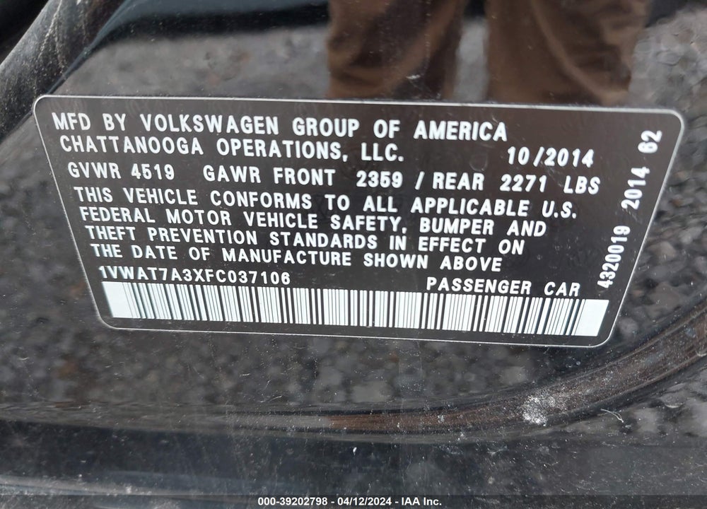 2015 VOLKSWAGEN PASSAT 1.8T WOLFSBURG EDITION VIN: 1VWAT7A3XFC037106