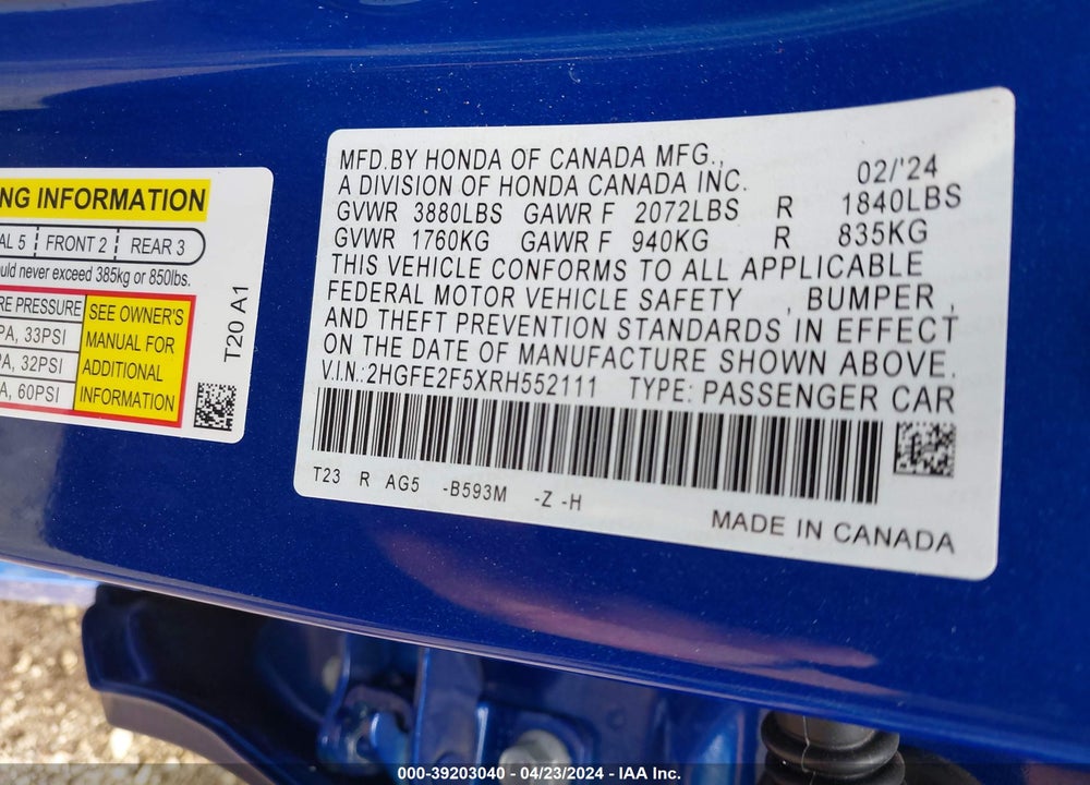 2024 HONDA CIVIC SPORT VIN: 2HGFE2F5XRH552111