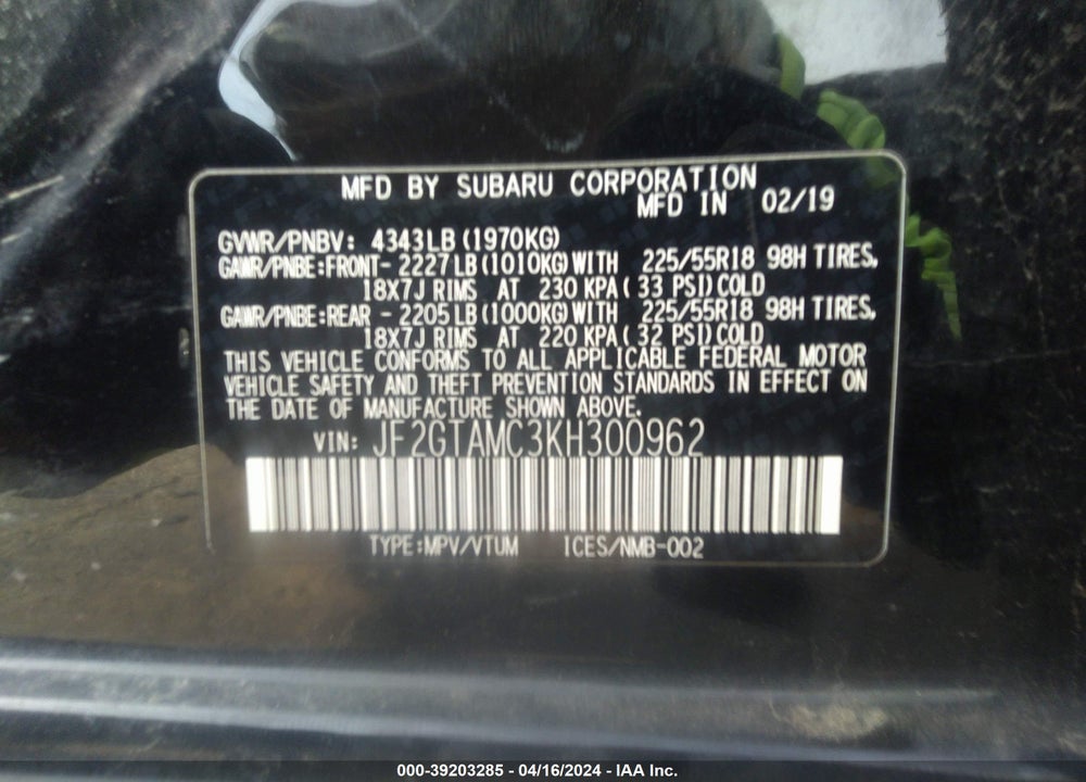 2019 SUBARU CROSSTREK 2.0I LIMITED VIN: JF2GTAMC3KH300962