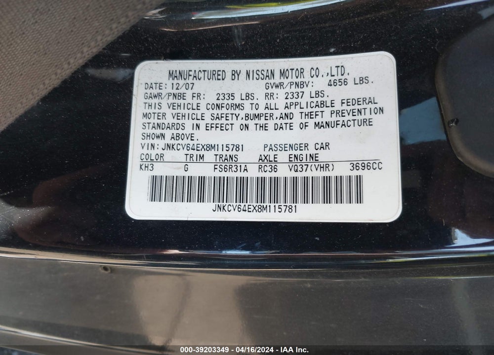 2008 INFINITI G37 SPORT VIN: JNKCV64EX8M115781