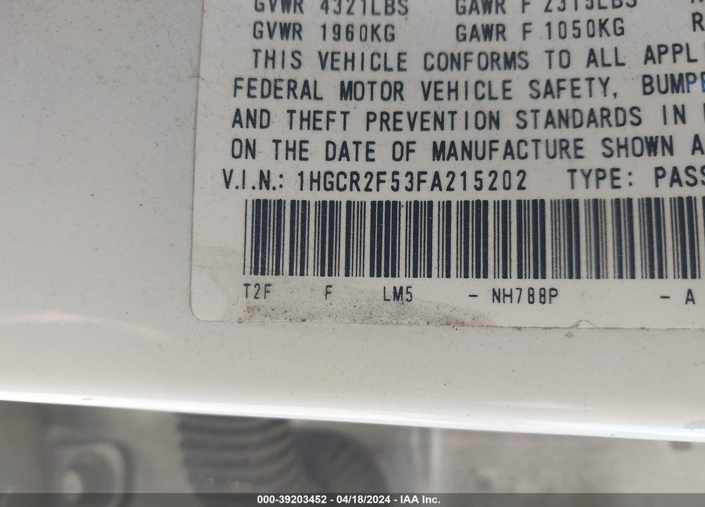 2015 HONDA ACCORD SPORT VIN: 1HGCR2F53FA215202