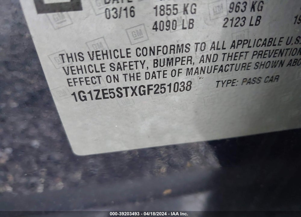2016 CHEVROLET MALIBU 1LT VIN: 1G1ZE5STXGF251038