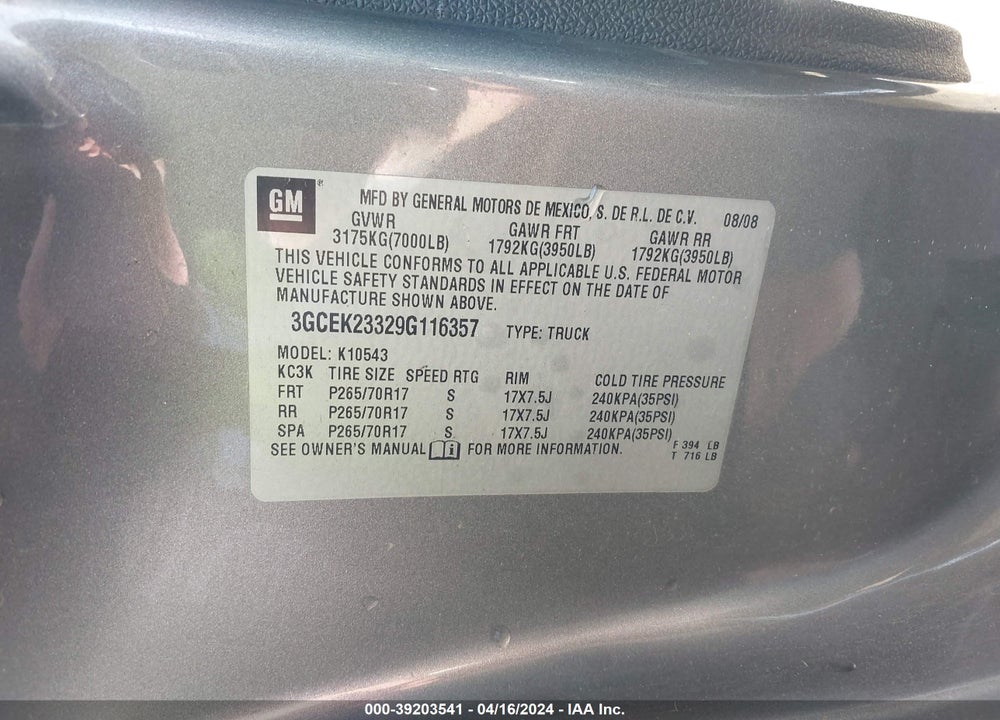 2009 CHEVROLET SILVERADO 1500 LT VIN: 3GCEK23329G116357