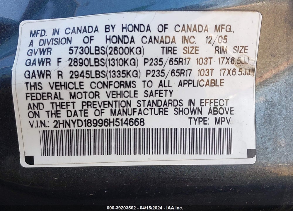 2006 ACURA MDX VIN: 2HNYD18996H514668