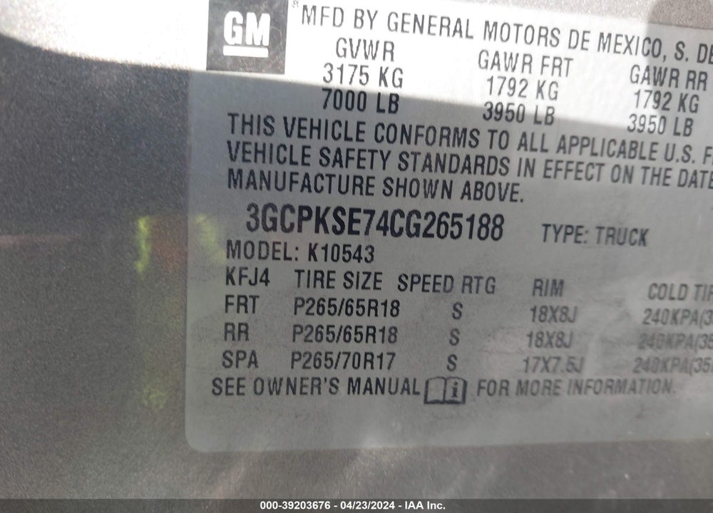 2012 CHEVROLET SILVERADO 1500 LT VIN: 3GCPKSE74CG265188