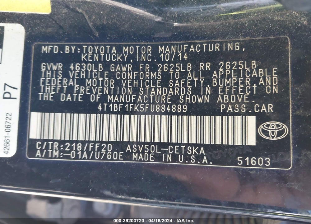 2015 TOYOTA CAMRY SE VIN: 4T1BF1FK5FU884889