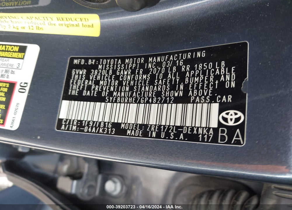 2016 TOYOTA COROLLA LE VIN: 5YFBURHE7GP482712