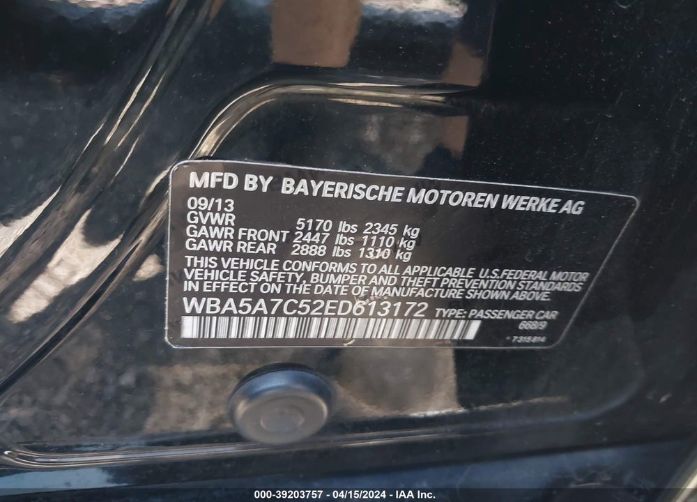 2014 BMW 528I XDRIVE VIN: WBA5A7C52ED613172