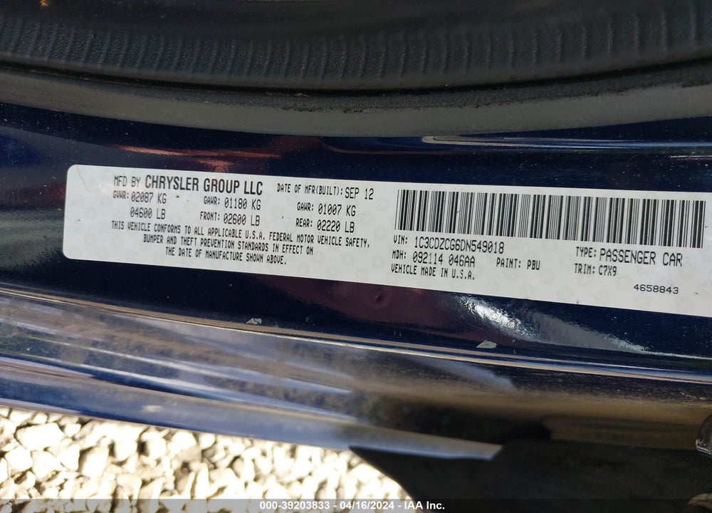 2013 DODGE AVENGER SXT VIN: 1C3CDZCG6DN549018