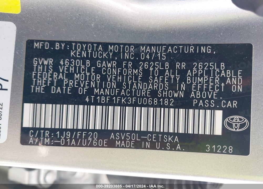 2015 TOYOTA CAMRY SE VIN: 4T1BF1FK3FU068182
