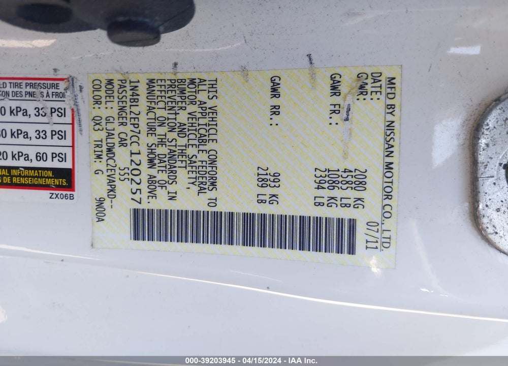 2012 NISSAN ALTIMA 3.5 SR VIN: 1N4BL2EP7CC120257
