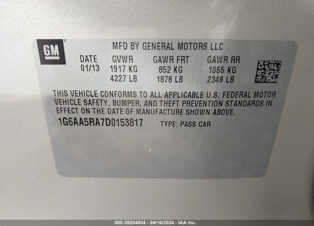 2013 CADILLAC ATS STANDARD VIN: 1G6AA5RA7D0153817