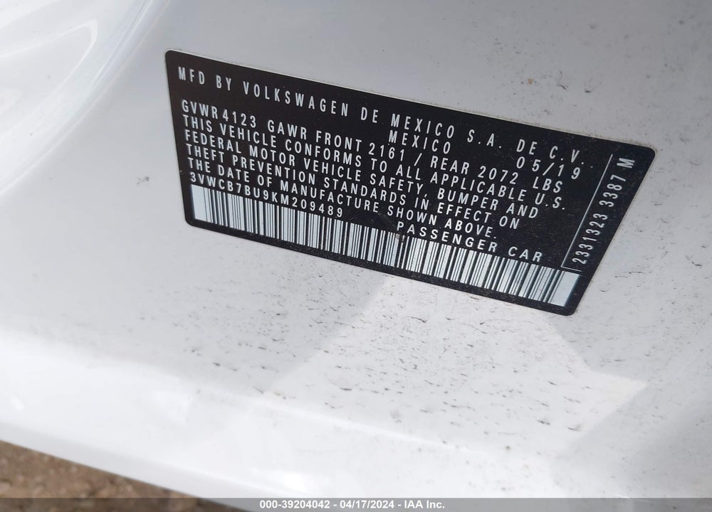 2019 VOLKSWAGEN JETTA 1.4T R-LINE/1.4T S/1.4T SE VIN: 3VWCB7BU9KM209489
