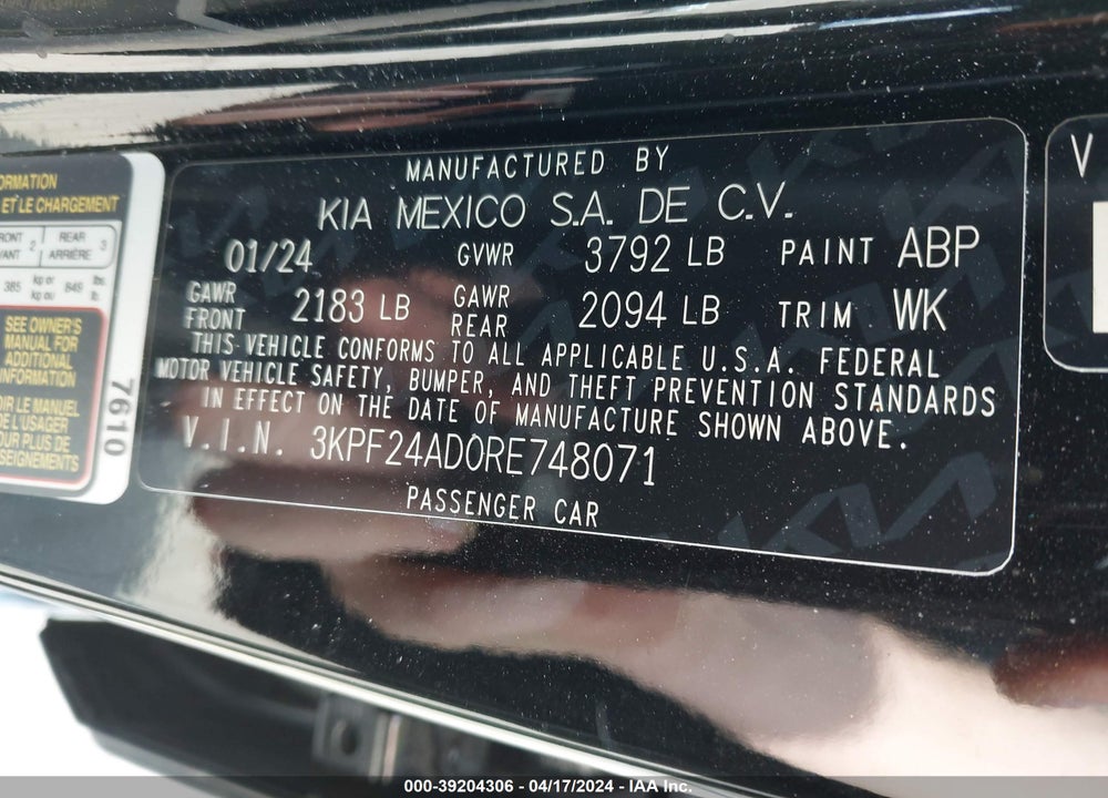 2024 KIA FORTE LXS VIN: 3KPF24AD0RE748071