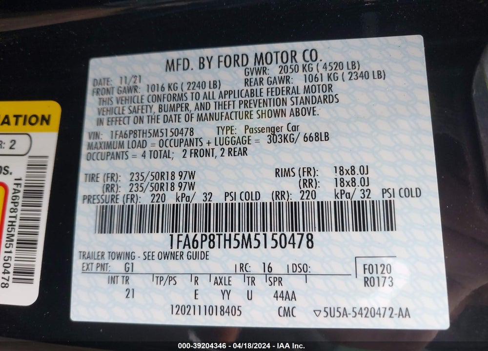 2021 FORD MUSTANG ECOBOOST FASTBACK VIN: 1FA6P8TH5M5150478