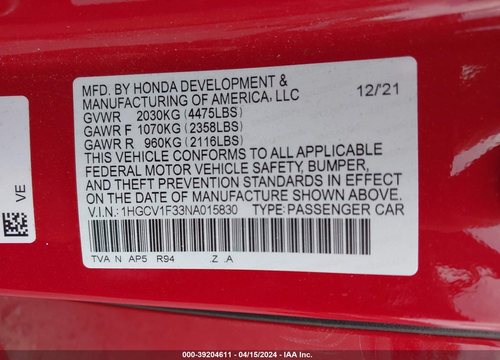 2022 HONDA ACCORD VIN: 1HGCV1F33NA015830