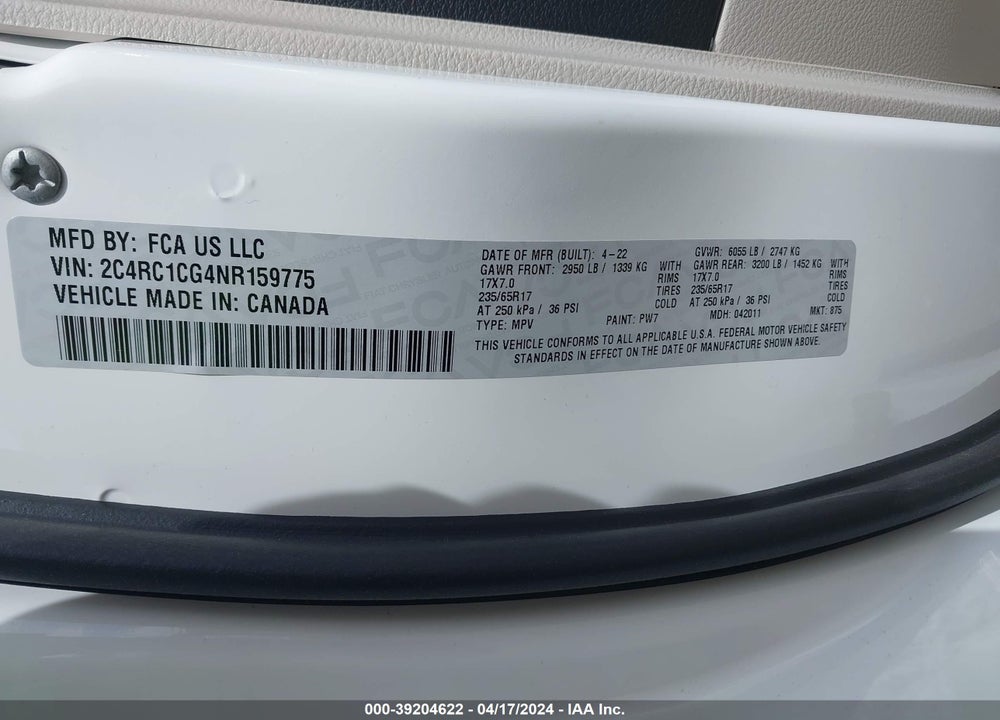 2022 CHRYSLER VOYAGER LX VIN: 2C4RC1CG4NR159775