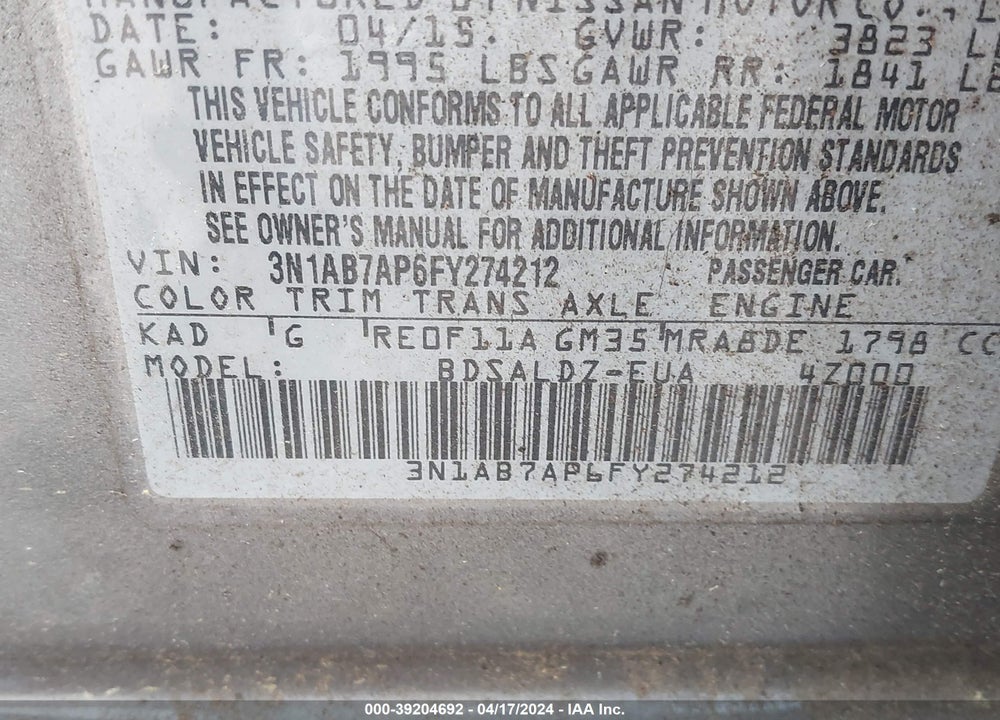2015 NISSAN SENTRA FE+ S/S/SL/SR/SV VIN: 3N1AB7AP6FY274212
