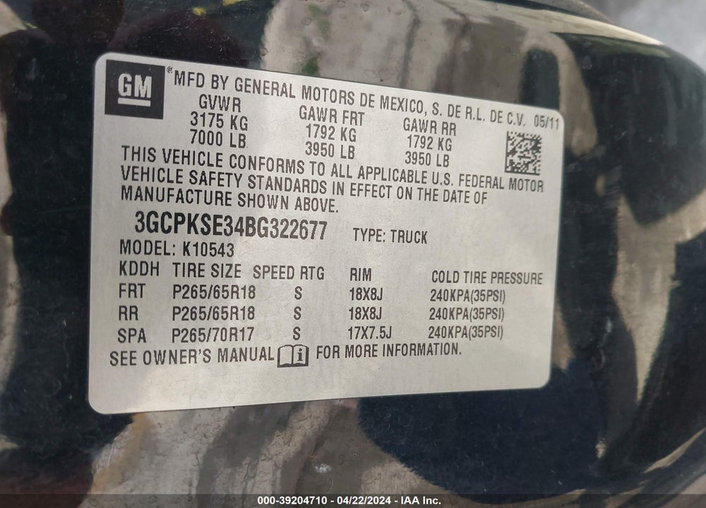2011 CHEVROLET SILVERADO 1500 VIN: 3GCPKSE34BG322677