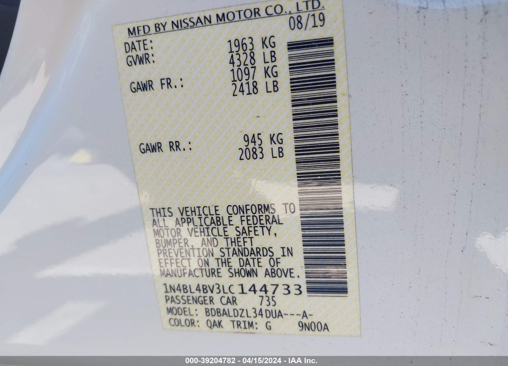 2020 NISSAN ALTIMA S FWD VIN: 1N4BL4BV3LC144733