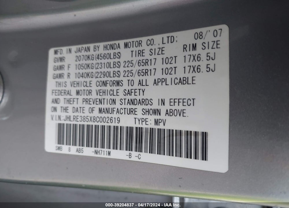 2008 HONDA CR-V EX VIN: JHLRE385X8C002619