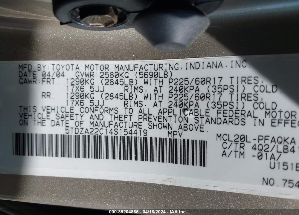2004 TOYOTA SIENNA XLE LIMITED VIN: 5TDZA22C14S154419