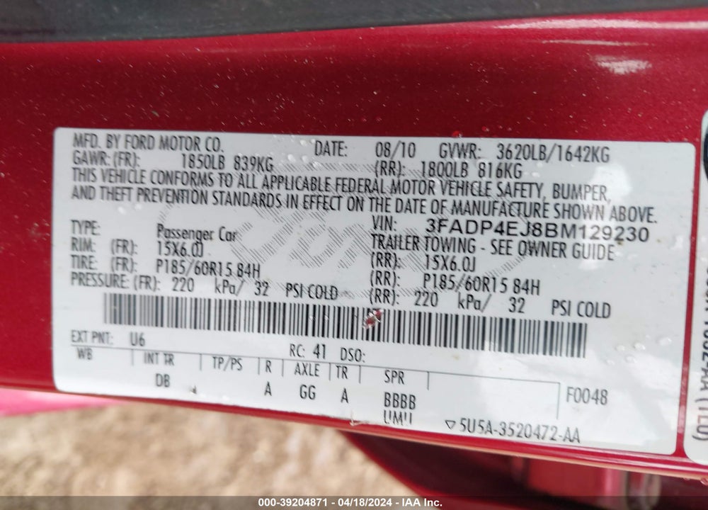 2011 FORD FIESTA SE VIN: 3FADP4EJ8BM129230