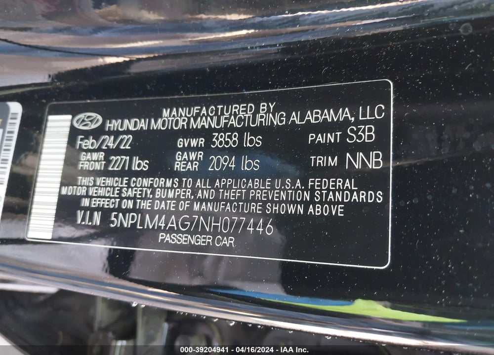 2022 HYUNDAI ELANTRA SEL VIN: 5NPLM4AG7NH077446