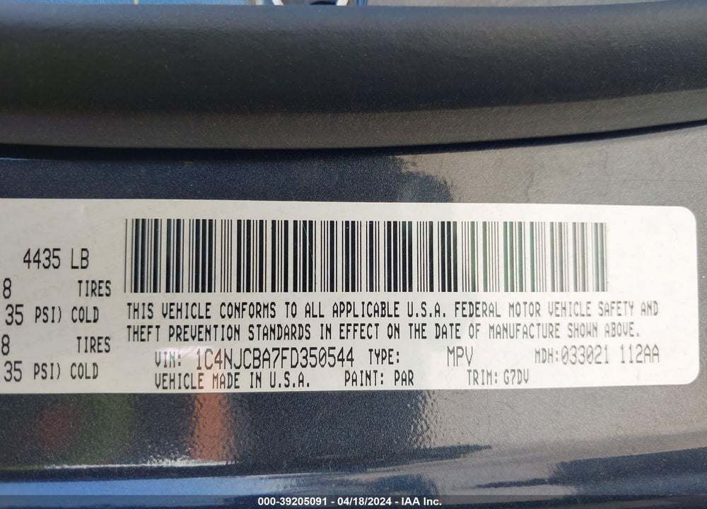 2015 JEEP COMPASS ALTITUDE EDITION VIN: 1C4NJCBA7FD350544