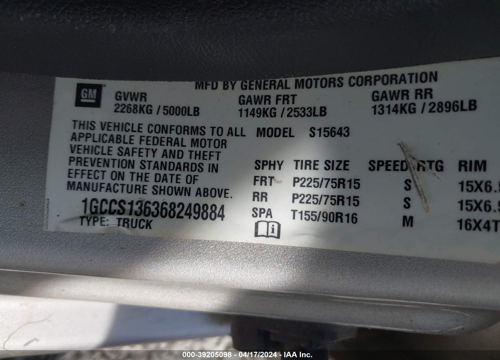 2006 CHEVROLET COLORADO LT VIN: 1GCCS136368249884