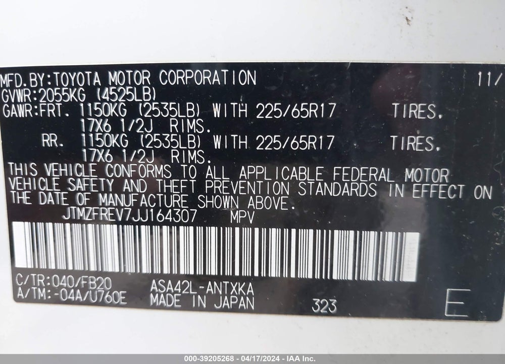 2018 TOYOTA RAV4 LE VIN: JTMZFREV7JJ164307