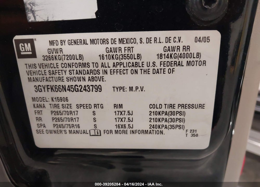 2005 CADILLAC ESCALADE ESV STANDARD VIN: 3GYFK66N45G243799