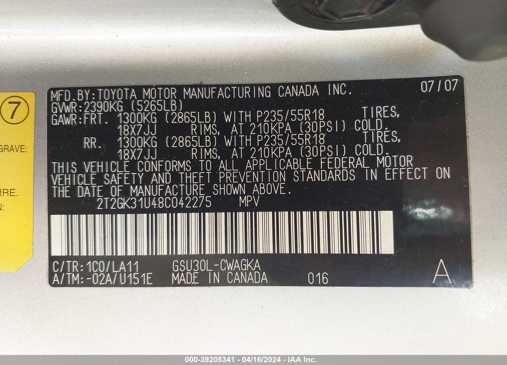 2008 LEXUS RX 350 VIN: 2T2GK31U48C042275