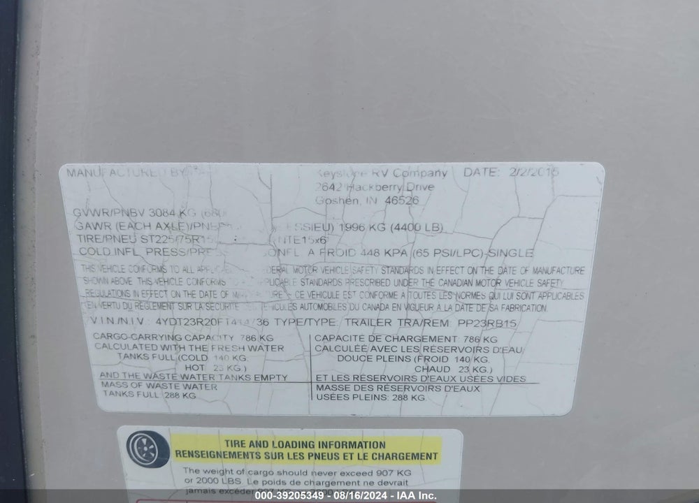 2015 KEYSTONE OTHER VIN: 4YDT23R20FT414736
