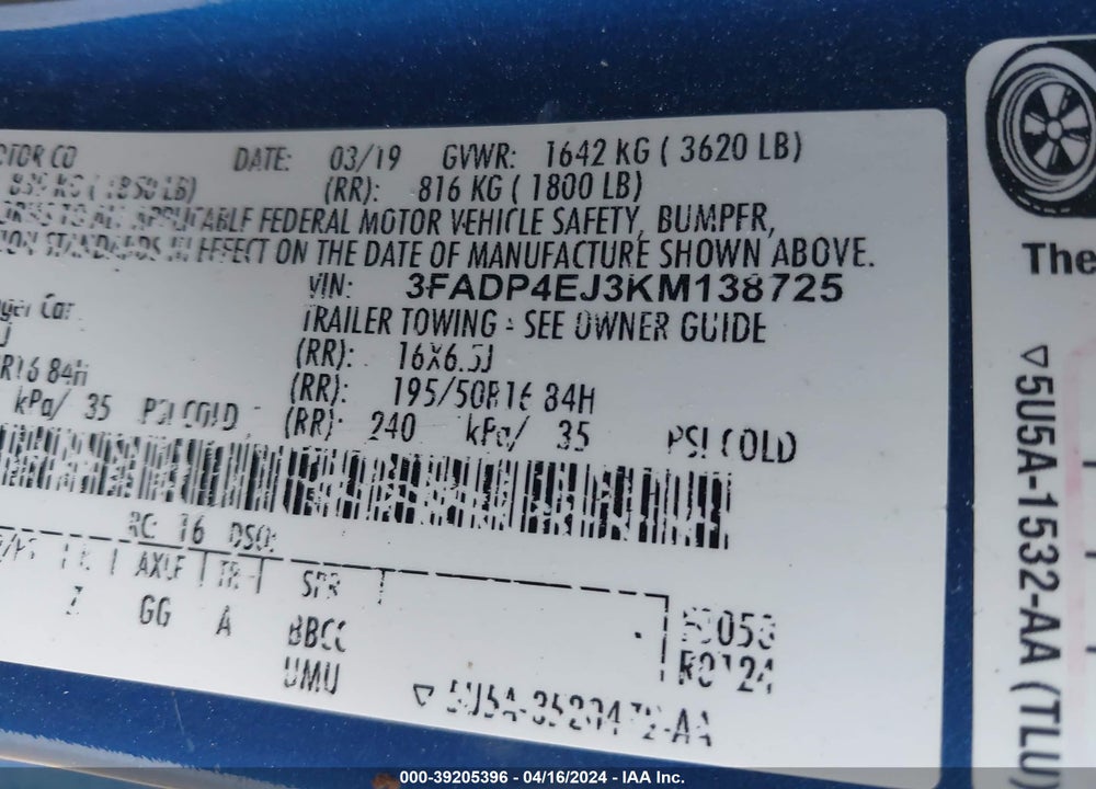 2019 FORD FIESTA SE VIN: 3FADP4EJ3KM138725