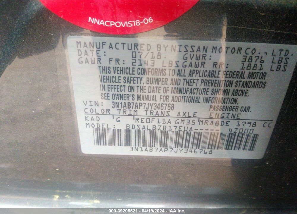 2018 NISSAN SENTRA S VIN: 3N1AB7AP7JY346768