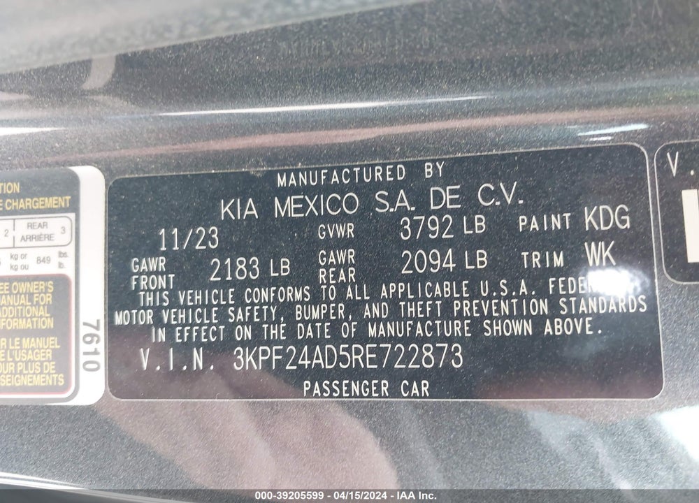 2024 KIA FORTE LXS VIN: 3KPF24AD5RE722873