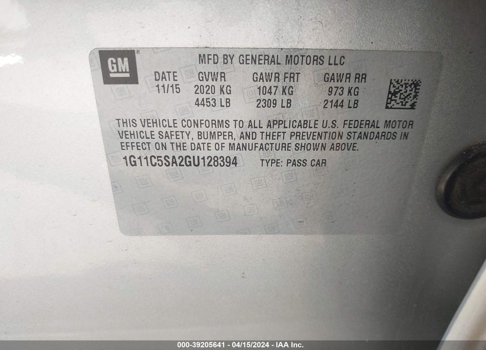 2016 CHEVROLET MALIBU LIMITED LT VIN: 1G11C5SA2GU128394