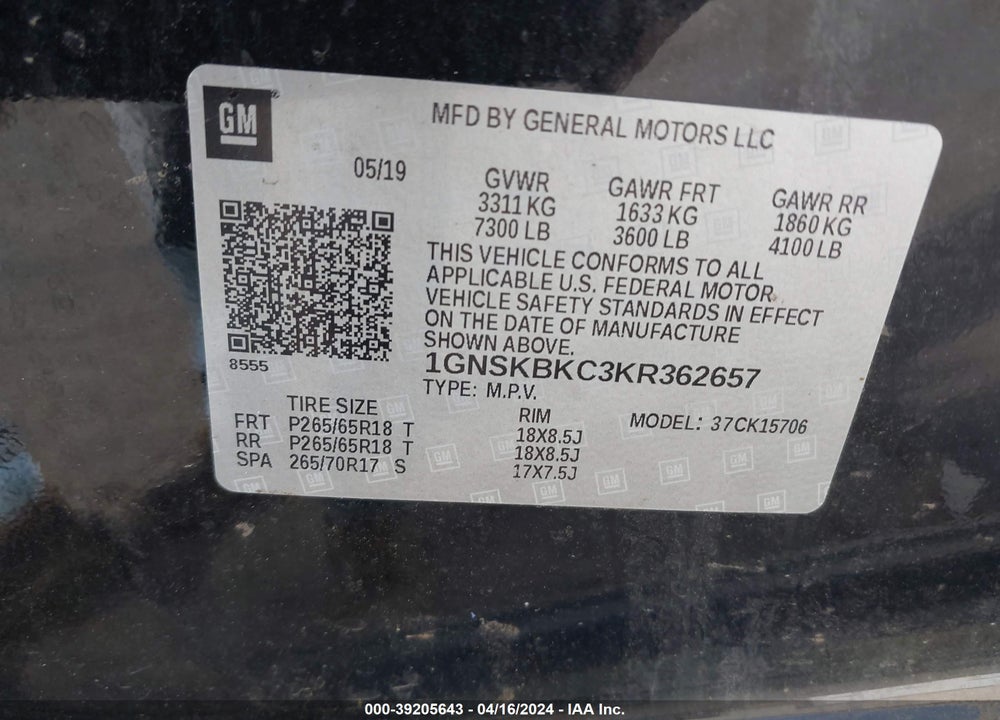 2019 CHEVROLET TAHOE LT VIN: 1GNSKBKC3KR362657