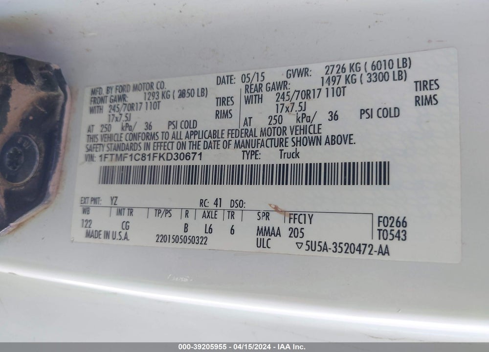 2015 FORD F-150 XL VIN: 1FTMF1C81FKD30671